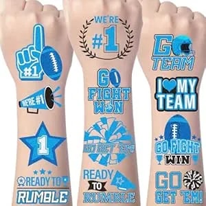 Blue Team Spirit Temporary Tattoos - Gameza 144pcs Football Blue Spirit Week Party Favors Supplies, Glitter Football Team Tattoo Stickers For School Cheerleading Sport Games Accessories Decorations