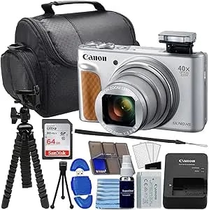 Canon Powershot SX740 HS Digital Camera (Silver) Bundle With Sandisk 64GB Memory Card, 12"" Flex Tripod, High Speed Card Reader + Photo Kit (20 Items), Black (Renewed)