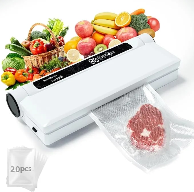 Compact Vacuum Sealer For Food, 75kpa Food Sealer Machine - 75 Kpa Strong Suction, Led Display, Dual Use For Dry & Wet Foods, With 20 Bags, Ideal For Home Kitchen, White