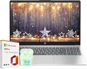 Hp 15.6" Business Laptop With Microsoft Office 365 With Copliot Ai, 16gb Ram 128gb Ssd, Quad-Cores Intel Processor, Windows 11, Plusera Earphones, Natural Silver