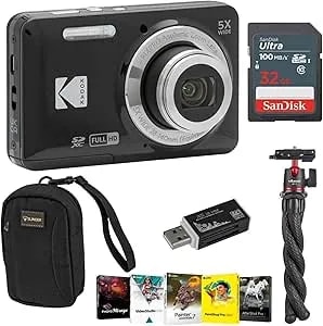 Kodak Pixpro fz55 Friendly Zoom Digital Camera, Bundle With 32gb Memory Card, Camera Bag, Tripod, Photo Editing Software, Card Reader (Black)
