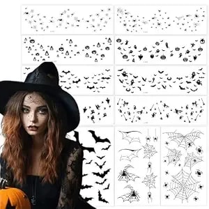 Freckle Face Tattoos Halloween Costumes Makeup For Adult Woman, 11 Pack Black Bat Freckles Temporary Tattoo Rave Accessories For Halloween Carnival Treats Party Favors Supplies