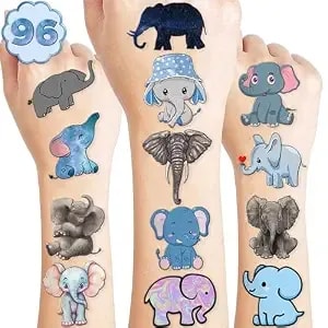 101 Pcs Cute Elephant Temporary Tattoos Themed 1st Birthday Party Decorations Supplies Favors Decor Baby Pink Blue Animal Tattoo Stickers Gifts For Boys Girls Classroom School Prizes Carnival Cartoon