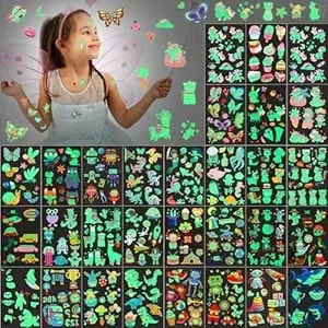 Sinmoe 30 Sheets 400 Pieces Glitter Temporary Tattoos For Kids Waterproof Butterfly Mermaid Unicorn Cartoon Stickers Glow Tattoo For Girls Birthday Party Favors Goodie Bags Fillers(Luminous Pattern)