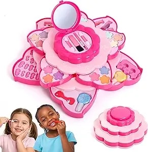 Ambrosia Belle Cosmetics Kids Makeup Kit, 3-Layer Beauty Set With Lip Gloss, Lipstick, Nail Polish, Brushes, Age 3+
