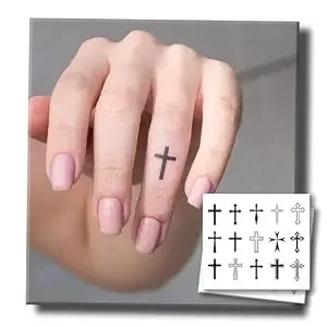 Semi Permanent Tattoo, 2 Sheets Tiny Finger Christian Temporary Tattoos For Women Men, Realistic Minimalist Small Tattoos For Hand Neck, Lasts 1–2 Weeks, Waterproof & Non-Reflective (Cross)