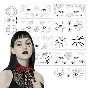 10 Sheets Halloween Face Eye Temporary Tattoos Spider Web Eyeshadow Makeup Tattoo Kit For Women Girls' Masquerade Party Cosplay Costume