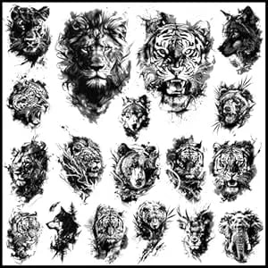 Charlent 18 Pcs Realistic Tiger Bear Lion Wolf Temporary Tattoos For Men Adults - Black Fake Animals Tattoo Stickers For Men Women Adult Body Art Arm Chest Shoulder