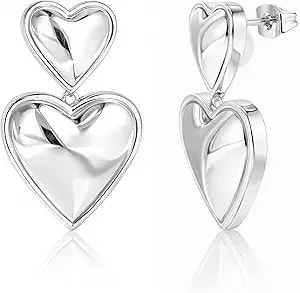 Amazon Essentials Large Brass Double Heart Stacked Dangle Earrings For Women With Secure Pushbacks
