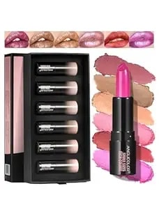 Anglicolor 6-Piece Mini Metallic Glitter Lipstick Set,High Pigmented,Lightweight Smooth Moisturizing Formula,Glossy Shine, Shimmer Lipstick Sets For Women,Pink Gifts,Travel Size