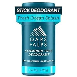 Oars + Alps Aluminum Free Deodorant For Men - Long Lasting Odor Protection, Clear & Free Of White Residue, Anti-Chafing Smooth Glide, Dermatologist Tested, Fresh Ocean Splash, 1pk, 2.6oz