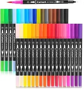 Caliart 34 Double Tip Brush Pens Art Markers For Adult Coloring Books - Artist Fine & Brush Coloring Markers For Journaling Calligraphy Hand Lettering Drawing Teacher Office Art Supplies