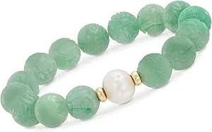 Ross-Simons 11-12mm Cultured Pearl And 12mm Carved Jade Dragon Bead Stretch Bracelet With 14kt Yellow Gold