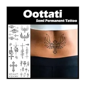 6 Sheets Semi Permanent Fake Waterproof Arm Temporary Tattoo Stickers Long Lasts 1-2 Weeks, Cross Wing Skull Finger Flower Snake, Realistic Appearance Natural Fading