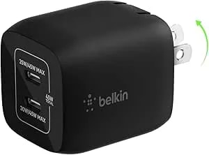 Belkin 45W Dual USB C Charger Block, PD3.0 W/ Gan - Super Fast Charging - Samsung Galaxy S25, Apple Iphone 17, Air, Pro, Pro Max, Ipad, Macbook, Airpods, Apple Watch, Nintendo Switch 2 & More - Black