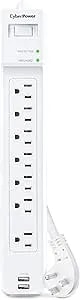 Cyberpower p704urc1 Surge Protector, 2000j/125v, 7 Outlets, 2 Usb Charging Ports, Right‑Angle Plug, 4 Ft Power Cord, Wall‑Mountable, White