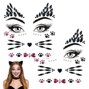 Voiiake Crystal Cat Face Gems Stickers, 2-Sheet Cat Print Gem Jewels, Black Cat Costume Women Accessories For Halloween Makeup