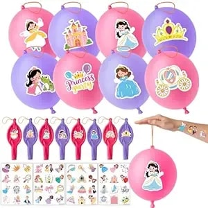 72 Pcs Princess Party Favors – 48 Pre-Cut Temporary Tattoos & 24 Pink Floral Princess Punch Balloons Birthday Goodie Bag Party Decorations Supplies Favors Gift Fillers Classroom Rewards For Boys Girls