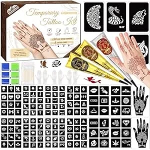 146 Pcs Temporary Tattoo Kit For Party, Waterproof Long Lasting Realistic Fake Tattoos For Adults Teens Beginners Women, 3 Black/Maroon/Red Colors Ink With 136 Floral Animal Temporary Stencils, Gifts