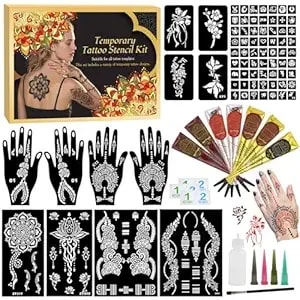 7pcs Tattoo Cones Temporary Tattoo Kit,4color(2*Brown,2*Maroon,2*Cherry Red &1*Black) Ink With Large Designs Stencils,Separate Bottle With 4 Bottle Mouths,Diy Body Art Painting For Women Men Kids