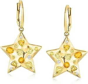 Ross-Simons 1.55 Ct. T.W. Orange And Yellow Citrine Star Drop Earrings With .11 Ct. T.W. Lab-Grown Diamonds In 18kt Gold Over Sterling