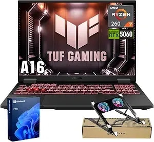 Asus Tuf a16 Rtx 5060 Gaming Laptop, Amd Ryzen 7 260, 16" Fhd+ 165hz Display, Nvidia Rtx 5060, 32gb ddr5 Ram, 1tb Ssd, Rgb Backlit Kb, Hdmi, Windows 11 Pro, W/Bundle