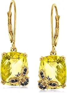 Ross-Simons 7.25 Ct. T.W. Lemon Quartz Bumblebee Drop Earrings With Smoky Quartz And Black Spinel Accents In 18kt Gold Over Sterling