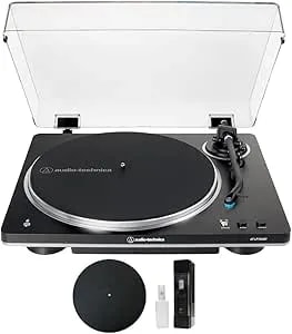 Audio-Technica At-lp70xbt Fully Automatic Wireless Belt-Drive Turntable, Black/Silver Bundle W/Deco Gear Universal 12" Silicone Rubber Platter Mat + Vinyl Record Cleaning Fluid System W/Dust Brush