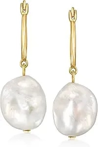 Ross-Simons 12-13mm Cultured Pearl Hoop Drop Earrings In 18kt Gold Over Sterling