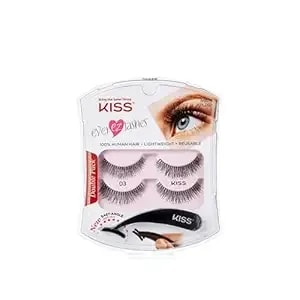 Kiss Ever Ez Lashes Double Pack No. 03, Reusable Natural Eyelash Starter Kit, Includes Easy-Angle Applicator And 2 Pairs Human Hair False Eyelashes Black