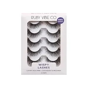 Fluffy Wisps wf003 False Eyelashes, Faux Mink Fibers, Full Length, Faux Mink, Black, Lightweight, Flexible Band, 5 Pairs - Ruby Vibe Co