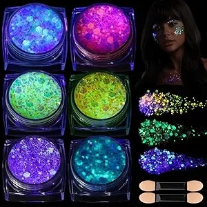 Teenitor 6 Colors Glow In The Dark Glitter Gel, Face Glitter Gel, Body Glitter Hair Glitter For Carnival Makeup Uv Black Light Party Cheer Raves Festivals