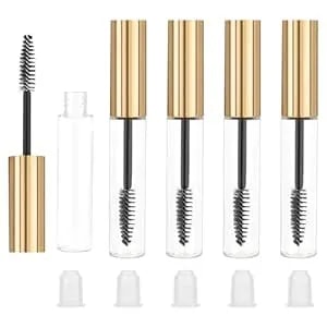 5pcs Empty Mascara Tube And Eyelash Wand, 10ml Eyelash Cream Container Bottle, Clear Mascara Containers, Eyelash-Wands With Tube For Castor Oil, Eyebrow Growth Serum And Coconut Oil (Gold)