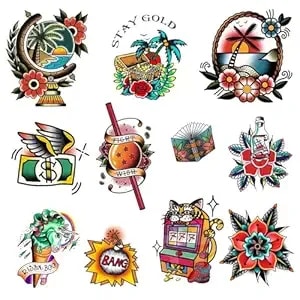 Cargen Old School Temporary Tattoos - Traditional Vintage Classic Cool Stickers Sailor Jerry Style Flower Globe Coconut Tree Beach Dragon Ball Treasure Drifting Cone Bomb Temporary Tattoo Fake Tattoo