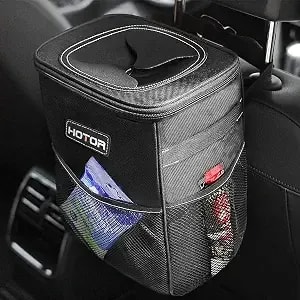 Hotor Car Trash Can, Compact Waterproof Organizer, Leak-Proof Bin, 2-Gallon - Black, Multifunctional Car Accessory With Adjustable Straps & Magnetic Snaps For Interior Car Storage