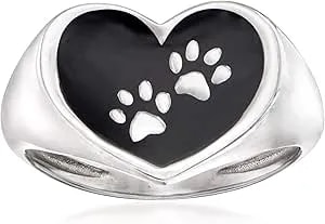 Ross-Simons Italian Sterling Silver And Black Enamel Paw Print Heart Ring