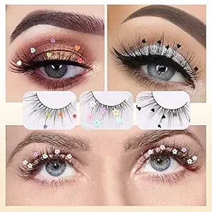 3 Pairs False Eyelashes, Festival Styles Dramatic Glitter Sequin Lashes With Cute Colorful Black Heart/Colorful Flower Lashes For Decorative Christmas New Year Halloweens Cosplay Party