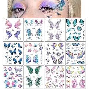 Konsait 12 Sheets Glitter Butterfly Temporary Tattoos For Women Kids Butterfly Face Sticker Glitter Tattoos Temporary For Girl Fairy Eye Makeup For Women Princess Fairy Party Favors