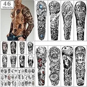 46 Sheets Full Arm Skull Temporary Tattoos For Men Half Arm Shoulder Angel Tattoo For Ladies Fake Waterproof Wolf Lion Stone Tattoo Stickers For Adult Or Kids