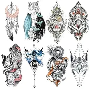 8 Sheets Boho Mystical Temporary Tattoos For Adults, Dreamcatcher Wolf Skull Dragon Tiger Fake Tattoo Stickers, Waterproof Long Lasting Body Art For Arm Chest
