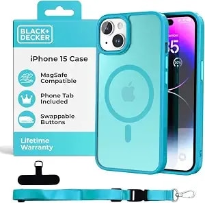 Black+Decker For Iphone 15 Case, Compatible With Magsafe, Shockproof Military-Grade Protection, Magnetic Phone Case For Iphone 15, Blue (Changeable Buttons & Lanyard)