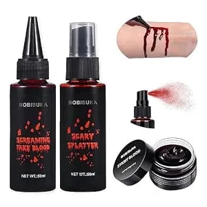Bobisuka 3pcs Halloween Fake Blood Makeup Kit - Coagulated 1.41oz + Spray 1.76oz + Dripping 1.76oz, Realistic Washable Sfx Makeup For Zombie Monster Mouth Clothes Dress Up