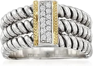 Ross-Simons 0.10 Ct. T.W. Cz 3-Row Ring In Sterling Silver And 14kt Yellow Gold