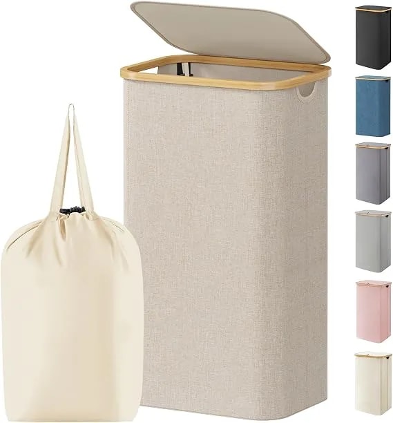 Lifewit 100l Laundry Basket With Lid, Clothes Hampers For Laundry With Bamboo Handles And 1 Removable Bag, Large Foldable Laundry Hamper For Bedroom, Bathroom, Dorm, Laundry Room, Beige
