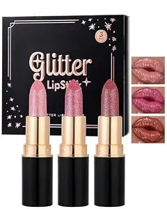 Metallic Glitter Lipstick Set Long Lasting,3 Pcs Diamond Shimmer Lip Gloss Nude Pink Rose Pink Red Matte Lip Stick For Women,Sparkling Shiny Transfer Proof Non Stick Tinted Lip Balm Color Makeup-Set B