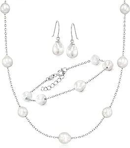 Ross-Simons 6-8mm Cultured Semi-Baroque Pearl Jewelry Set: Necklace, Bracelet And Drop Earrings In Sterling Silver. 18 Inches
