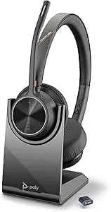 Poly Voyager 4320 Uc Wireless Headset & Charge Stand (Plantronics) - Stereo Headphones W/Noise-Canceling Boom Mic - Connect Pc/Mac/Mobile Via Bluetooth - Works W/Teams, Zoom, & More - Amazon Exclusive