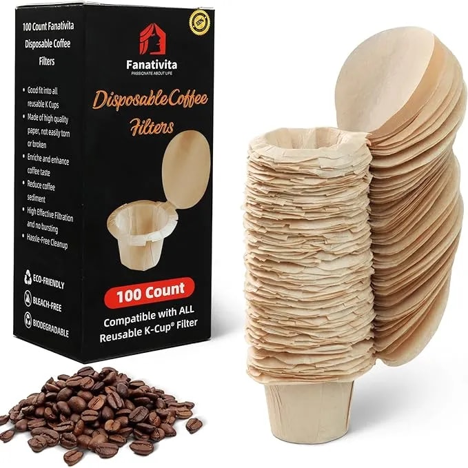 Fanativita 100ct K Cup Coffee Filters With Genius Lid, Unbleached - Fits Most Reusable K-Cups, Chlorine-Free, Compostable Paper, Easy Cleanup, Sediment-Free, Smooth Taste