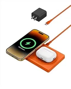 Belkin 2-In-1 Wireless Charging Pad With Magsafe 15w, Fast Charging Iphone Charger - Wireless Charging Station For Iphone 17, 16, 15, And 14 Series, Airpods, And Other Magsafe Enabled Devices - Orange