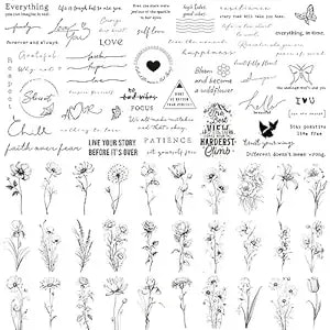 Realistic Temporary Tattoos - 60 Sheets Small Fake Tattoos, 30 Pcs Meaningful Scripts Words Tattoos, 30 Pcs Line Art Wild Flower Nature Tattoo Stickers For Women And Men